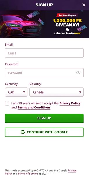 PlayAmo sign up form