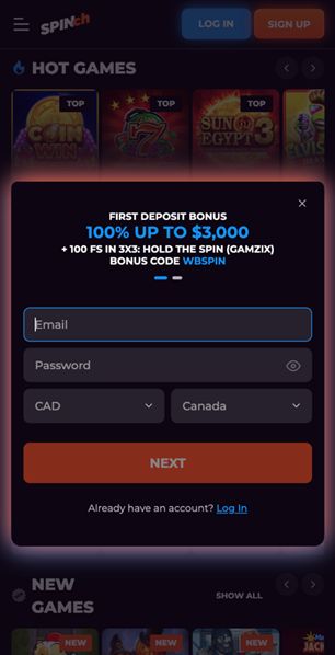 Spinch login popup