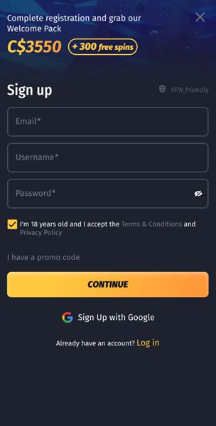 Winshark sign up section